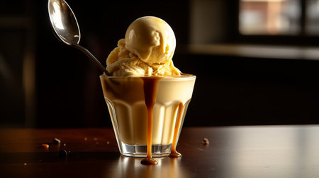 vanilla ice cream with caramel sauce in a glass on a tableの素材