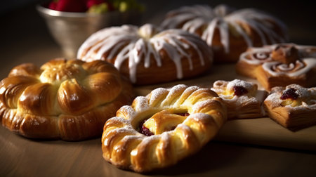 Sweet buns with raisins and berries on a wooden tableの素材