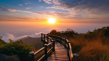 Wooden walkway on the mountain with beautiful sky in the morningの素材