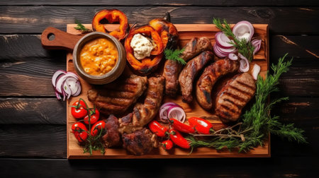 Grilled meat with vegetables on a cutting board on a wooden backgroundの素材