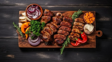 Grilled sausages on wooden cutting board with vegetables, top viewの素材