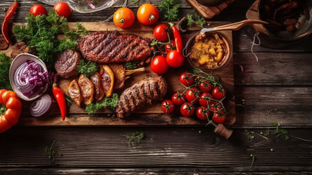 Grilled steaks with vegetables on rustic wooden background. Top viewの素材
