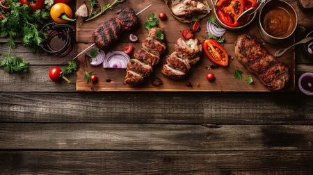 Grilled meat with vegetables and sauce on a wooden background. Top viewの素材