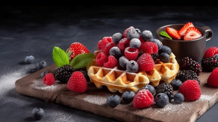 Belgian waffles with fresh berries and mint on black background.の素材
