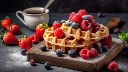 Belgian waffles with raspberries, blueberries and honeyの素材