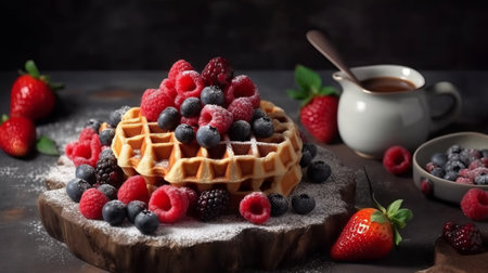Belgian waffles with fresh berries and cup of coffee on dark backgroundの素材