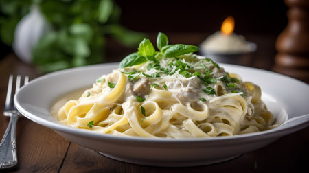 Tagliatelle with mushrooms and parmesan on wooden backgroundの素材