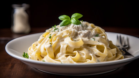 Spaghetti carbonara with cream sauce and basil on a wooden tableの素材