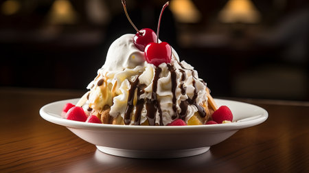 Chocolate waffle with whipped cream and cherries on wooden tableの素材