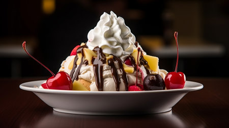 ice cream sundae with whipped cream, cherries and chocolate sauceの素材