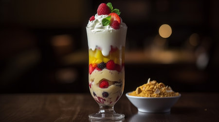 Fruit dessert with whipped cream and fresh berries in a glass.の素材