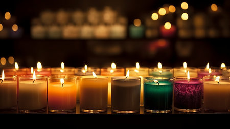 Burning candles on the background of the church, close-upの素材