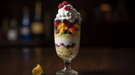Fruit dessert with whipped cream in a glass on a dark backgroundの素材
