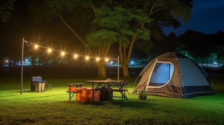 Camping in the park at night with a view of the illuminated tentの素材