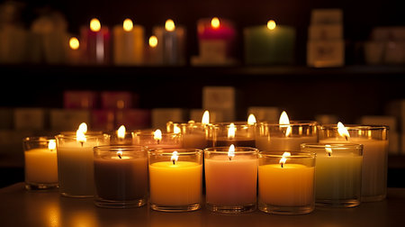 Burning candles in church, shallow depth of field, focus on foregroundの素材