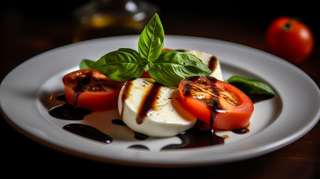 Caprese salad with tomatoes and mozzarella cheese on white plateの素材