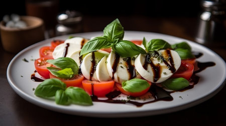 Caprese salad with mozzarella cheese, tomatoes and basil leavesの素材