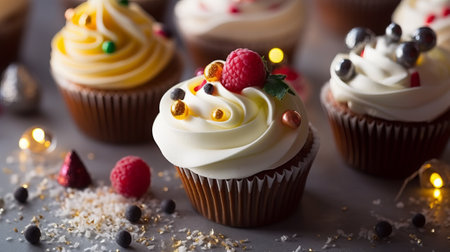 Cupcakes decorated with whipped cream and fresh raspberries and blueberriesの素材