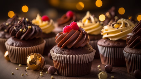 Chocolate cupcakes with raspberries on a wooden background.の素材