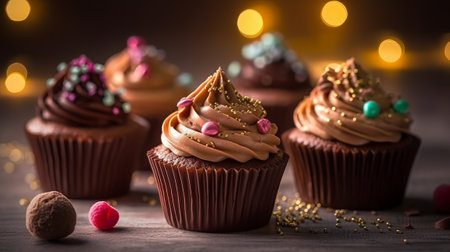 Delicious cupcakes on wooden table with bokeh lights backgroundの素材