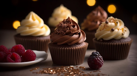 Chocolate cupcakes with raspberries and chocolate shavingsの素材