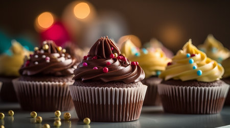 Birthday cupcakes decorated with chocolate and sprinkles on dark backgroundの素材