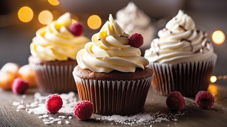 Cupcakes with raspberries and chocolate on wooden table.の素材