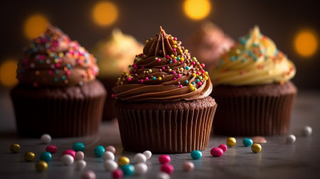 Chocolate cupcakes with colorful sprinkles on a wooden table.の素材