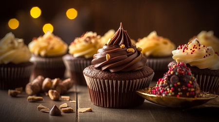Chocolate cupcakes with buttercream frosting and nuts on topの素材
