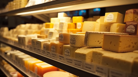 Shelves with different types of cheese in a dairy store.の素材