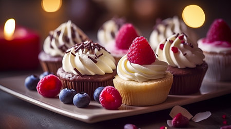 Chocolate cupcakes with raspberry and blueberry on a plate.の素材