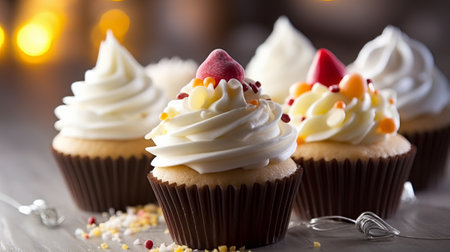 Cupcakes decorated with white frosting and colorful sprinkles.の素材