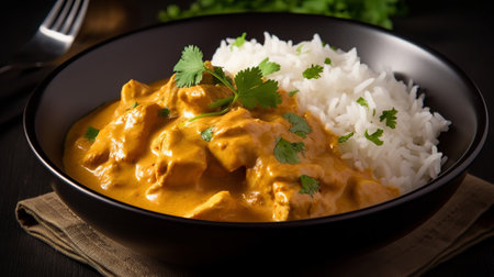 Chicken tikka masala curry with rice and corianderの素材