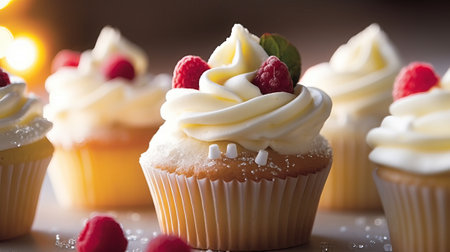 Cupcakes with raspberries and icing sugar on a white backgroundの素材