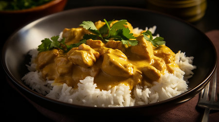 Chicken tikka masala curry served with steamed rice.の素材