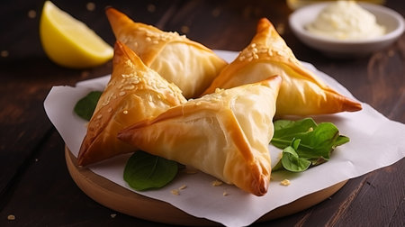 Samsa or samosas with lemon and mint on wooden backgroundの素材