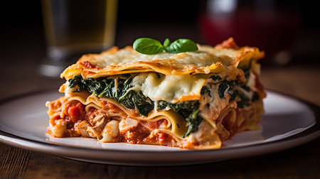Spinach lasagna on a wooden table. Italian cuisine.の素材