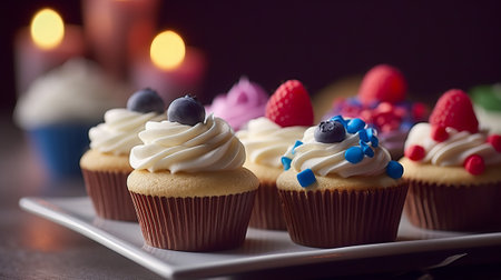 Delicious cupcakes with berries and candles on a dark background.の素材