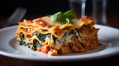 Close up of lasagna with spinach and cheese on a white plateの素材