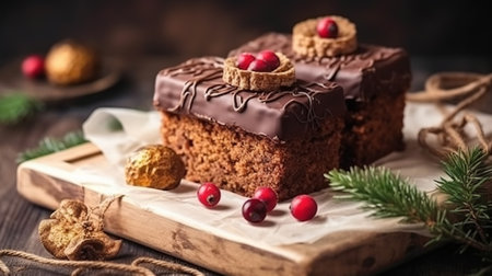 Christmas chocolate cake with cranberries on a wooden background, selective focus.の素材