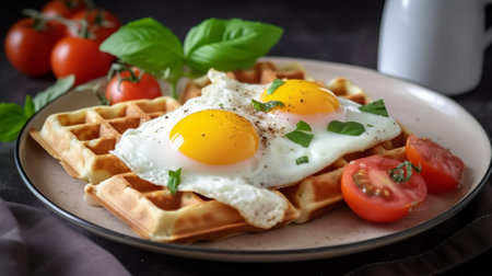 Breakfast with waffles, fried eggs, cherry tomatoes and basilの素材