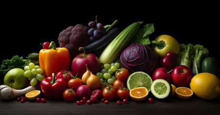 Composition with variety of raw organic vegetables and fruits. Balanced dietの素材