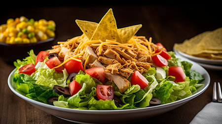Taco salad with tortilla chips and fresh vegetables on wooden backgroundの素材
