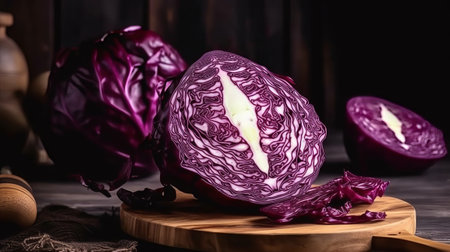 Fresh red cabbage on a cutting board. Dark rustic background.の素材