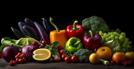 Composition with variety of raw organic vegetables on wooden table. Balanced dietの素材