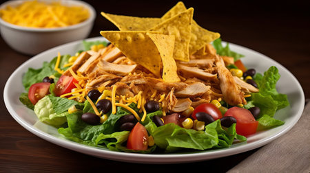 Mexican chicken salad with nachos and cheese on wooden tableの素材