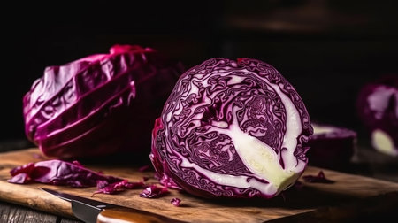 Purple cabbage on cutting board with knife on dark wooden background.の素材