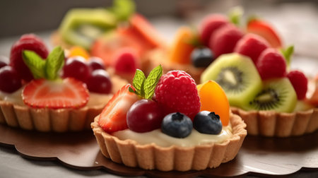 Tasty tartlets with berries and fruits on table, closeupの素材