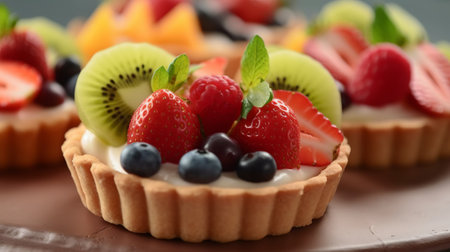 Delicious tartlets with fresh berries and mint on plate, closeupの素材
