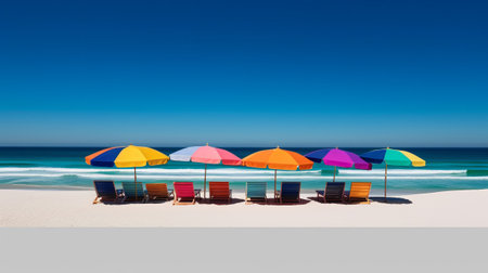 Beach chairs and umbrellas on the sandy beach with blue skyの素材